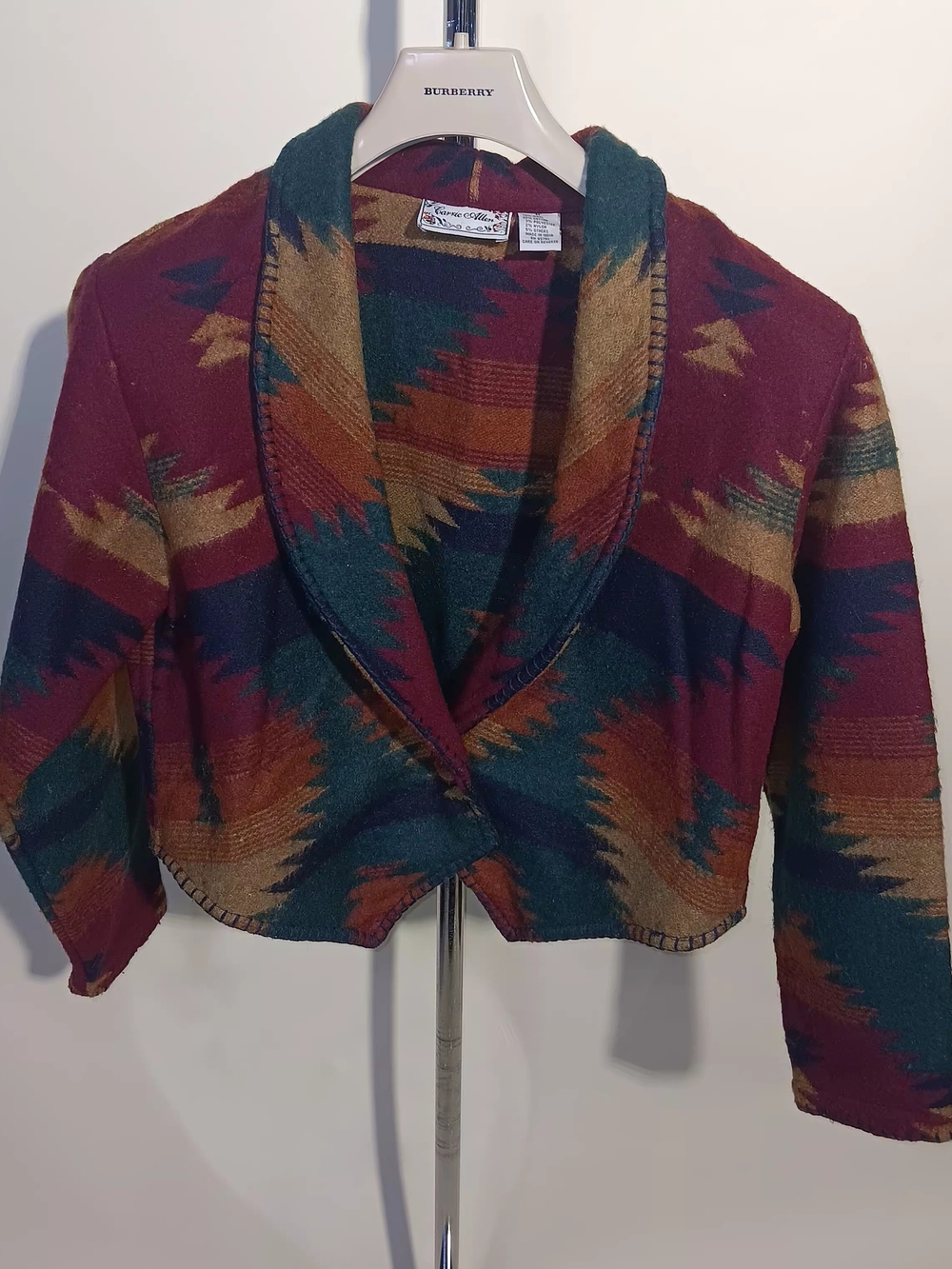 Southwestern Shawl-Collar Cropped Jacket - Burgundy Multi